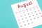 August 2022 calendar sheet on light blue background