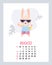 August 2023. calendar with Cute bunny in beach shorts with sunglasses with cocktail. Vector illustration. Vertical