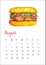 August 2023 calendar sheet juicy Vietnamese banh mi ga sandwich with chicken, watercolor sketch, illustration, isolate, a4