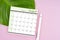 August 2024 calendar page and fresh green leaf with water drops on pink background