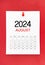 August 2024 calendar page with push pin on red background