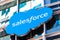 August 21, 2019 San Francisco / CA / USA - Close up of Salesforce logo displayed on Salesforce tower in downtown San Francisco