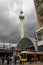 August 22 2016 Berlin, Germany: television tower in capital city square Alexanderplatz train station and people walking around sum