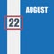 august 22. 22th day of month, calendar date.Blue background with white stripe and red number slider. Concept of day of