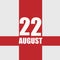 august 22. 22th day of month, calendar date.White numbers and text on red intersecting stripes. Concept of day of year