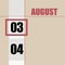 august 3. 3th day of month, calendar date.Beige background with white stripe and red square, with changing dates