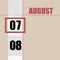 august 7. 7th day of month, calendar date.Beige background with white stripe and red square, with changing dates