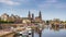 Augustus Bridge (Augustusbrucke) and Cathedral of the Holy Trinity (Hofkirche) over the River Elbe in Dresden, Germany, Saxony.