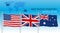 Aukus security alliance pact, flags of Australia, USA and UK with global map