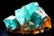 Aurichalcite is a rare precious natural stone on a black background. AI generated. Header banner mockup with space.