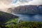 Aurland and Aurlandsfjord in the mist, Sogn og Fjordane, Norway