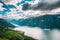 Aurland, Sogn And Fjordane Fjord, Norway. Amazing Summer Scenic View Of Sogn Og Fjordane. Ship Or Ferry Boat Liner