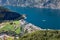 The Aurland town. Bird`s eye view of Aurland from the Stegastein viewpoint in Norway, Scandinavia