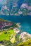 Aurland Village and Aurlandsfjord seen from Stegastein Overlook, The West Norwegian Fjords, Norway