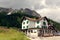 Auronzo di Cadore, Italy August 9, 2018: Misurina Mountain Lake. Beautiful tourist place with houses and cafes