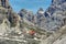 Auronzo shelter and Dolomites mountains in Tre Cime di Lavaredo National Park ,Dolomites alps, Italy