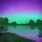 Aurora borealis beautiful polar lights in the mountains by the lake illustration. Aurora blue sky and a lot of star, astronomy