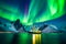 Aurora borealis casts its vibrant glow upon the night sky, a ship gracefully navigates through the tranquil fjord