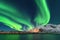 Aurora borealis. Lofoten islands, Norway. Aurora. Green northern lights