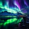 Aurora borealis mountain lake night scene with urban town lights in the distance