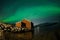 Aurora borealis over boat shed