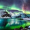 Aurora's Embrace: Nighttime hug of northern lights and mountains.