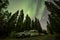 Aurora shining over Camping Caravan in Swedish forest Tannforsen Waterfall Northern Lights color sky Sweden, Scandinavia