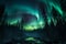 Auroras green glow illuminates the northern forest, a celestial marvel