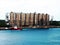 Austere , grey cement silos at FreePort harbour, Bahamas