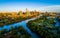 Austin Texas aerial drone view Sunset golden hour over Y shaped River Cityscape view