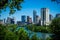 Austin Texas Blue Sky Cityscape Skyline View on top of Hill Over Looking the Lake