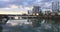 Austin Texas river lake sunset pan across city skyline 4K 1989