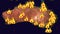 Australia bush fire map with fire particles flying around. Animation. Australia forest fires. Catastrophe. Destroyed flora and fau