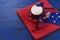 Australia Day, January 26, theme table setting with red, white and blue cupcake