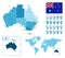 Australia detailed administrative blue map with country flag and location on the world map.