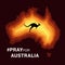 Australia fire. Social poster about climte cataclysm. Kangaroo runs from the fire on a background of the map of