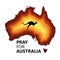 Australia fire. Social poster about climte cataclysm. Kangaroo runs from the fire on a background of the map of