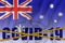 Australia flag and Covid-19 inscription with orange quarantine border tape. Coronavirus or 2019-nCov virus concept