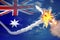 Australia intercepted nuclear warhead, modern antirocket destroys enemy missile concept, military industrial 3D illustration with