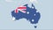 Australia map highlighted in Australia flag colors and pin of country capital Canberra