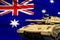 Australia modern tank with not real design on the flag background - tank army forces concept, military 3D Illustration