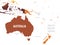 Australia and Oceania map - brown orange hue colored on dark background. High detailed political map of australian and