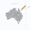 Australia sketch scribble vector map drawn on checkered school notebook paper background