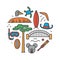 Australia, vector outline illustration, pattern, white background: boomerang, hat, serf, bridge, cricket, koala, tree Baobab,