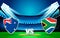 Australia Vs South Africa Cricket Match Face off Fixture in 3D Rendered Stadium. Modern Sports
