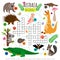 Australian animals crossword. Kids words brainteaser, word search puzzle vector game