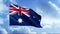 The Australian flag. Motion. A bright flag of a warm country is flying over the blue sky.