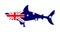 Australian flag over Shark vector silhouette isolated on white. Sea predator. Danger on beach alert. Open jaws of beast.