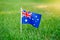 Australian flag standing on green grass. Australia day national holiday celebration. Nature background outdoors