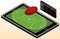 Australian football infographic playground, ball, and scoreboard. Isometric image. Isolated